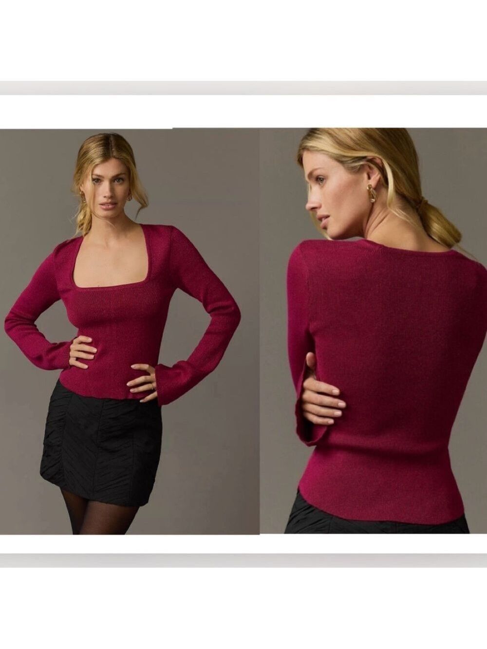 Maeve Anthropologie Square Neck Bell Sleeve Metallic Knit Blouse Rasberry M NWOT